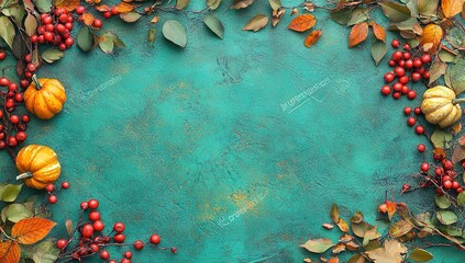 Colorful autumn background with fall leaves and pumpkins on a turquoise blue textured backdrop, with space for text. Top view of a colorful abstract autumn frame made from red rowan berries
