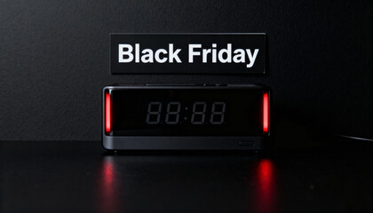 Minimalist digital clock with red light accents and Black Friday sign on dark background, symbolizing countdown, urgency, consumer anticipation and the limited-time nature of seasonal shopping deals.