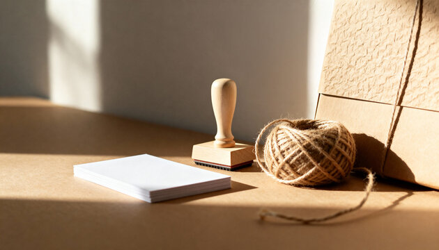 Workspace with stack of blank cards, eco twine, kraft paper package and wooden stamp in natural light, symbolizing creativity, small business identity, handcrafted branding and sustainable packaging.