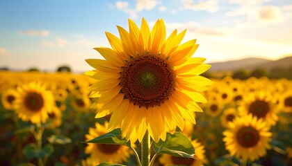 A vibrant sunflower field bursts with golden hues under a serene, soft-light sky.