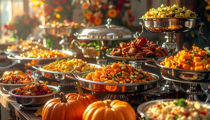 Thanksgiving Buffet Abundant Autumn Feast with Pumpkins Vegetables and Festive Decorations
