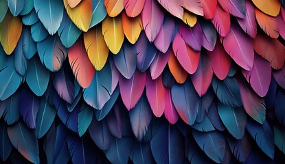 Colorful feathers in various hues arranged on the background. The vibrant feather pattern is suitable for design and decoration, adding vivid color to any surface or object.