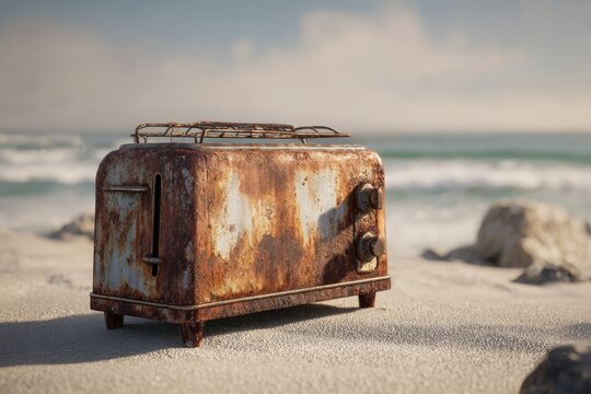 A rusty old toaster rests on a sandy beach, sea in the background