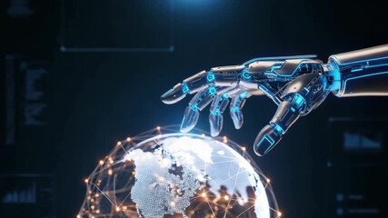 futuristic robotic arm with glowing blue details reaches towards digital globe interconnected by an orange-lit network of nodes symbolizing global technology and connection - Powered by Adobe