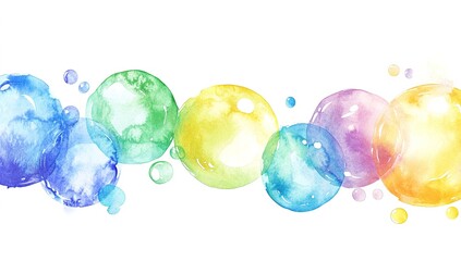 Colorful pastel drawing of green, yellow, blue, and purple bubbles, on a white background, in the watercolor style of a COTTAGECORE illustration.