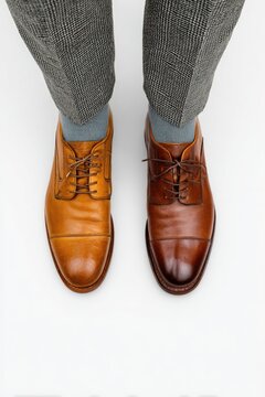 Overhead shot of a person's legs from the knees down, showcasing mismatched dress shoes