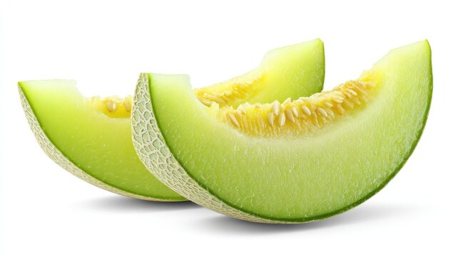 Two ripe melon slices with vibrant green flesh and seeds, isolated on white background