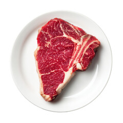 Raw T-bone steak, marbled red meat, on a simple white plate, overhead view