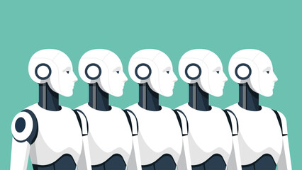 Group of humanoid robots standing in a row, symbol of automation, technology, future workforce, innovation, society and digital transformation concept. Flat vector illustration