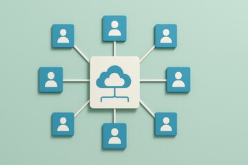 Cloud computing network with people icons symbolizing data sharing and collaboration
