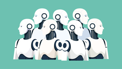 Group of humanoid robots together, symbol of technology, automation, digital future, innovation, workforce transformation, industry and society concept. Flat vector illustration