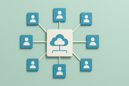 Cloud computing network with people icons symbolizing data sharing and collaboration
 - Powered by Adobe