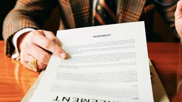 A suited man signs a formal contract at a warm wooden desk in a dim office, pen in hand. under lamp