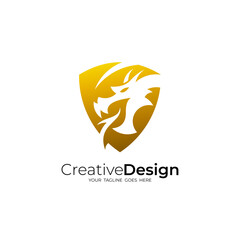 the logo is a dragon head and a powerful shield, security logos