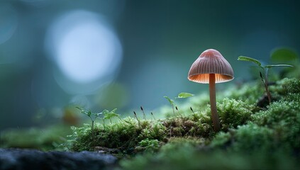 Fototapeta premium Macro shot of a small mushroom on moss, illuminated by soft light, blurred forest background
