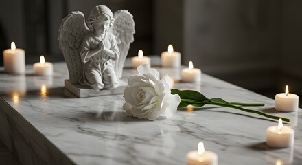 All Souls' Day Angel statue and white rose with candles on marble surface creating a peaceful and serene scene