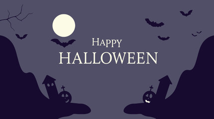 Halloween illustration featuring bats flying over silhouetted houses, pumpkins, and mountains under a full moon.