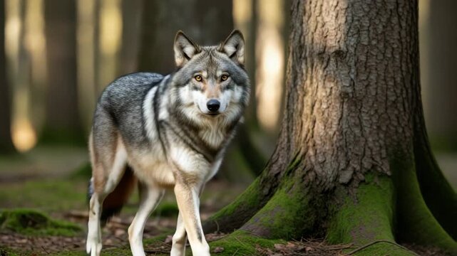 grey wolf with amber eyes stands alert in sunlit forest Its striking fur displays grey black white and brown tones contrasting with the mossy ground and tall trees