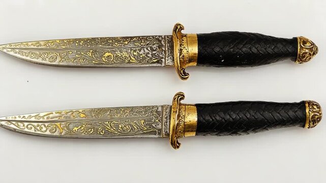 Two ornate daggers with gold accents and black handles on a white background.