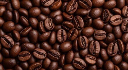 Fototapeta premium Close up of roasted coffee beans filling the frame creating a rich textured background.