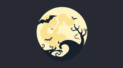 A spooky illustration features a grinning, stylized pumpkin-like face against a pale, round background.