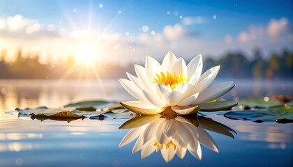 White Water Lily Floating on Calm Lake with Sunset Reflection