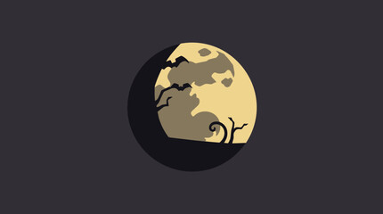 Stylized illustration of a full moon behind a silhouette of trees and ground against a dark background.