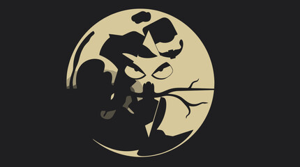 Stylized illustration of a cat silhouette perched on a branch against a full moon backdrop.