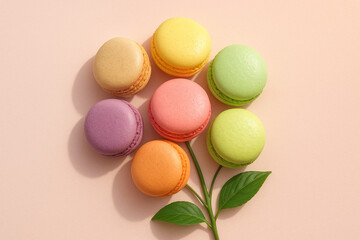 Obraz premium Colorful macarons styled as flower with green leaves on pastel background