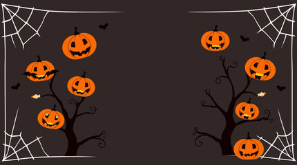 A spooky Halloween-themed illustration featuring smiling jack-o'-lanterns on bare tree branches, surrounded by cobwebs.