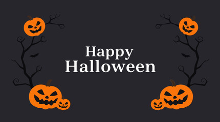 A festive Halloween greeting design featuring carved pumpkins and spooky branches against a dark background.