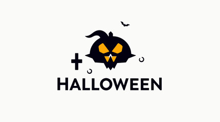 Halloween themed graphic with a pumpkin skull, bat silhouette, and the word 