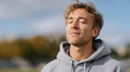 Man enjoying fresh air outdoors in autumn for healthy lung month