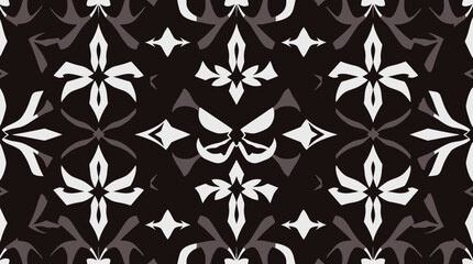 Abstract pattern with white floral and geometric shapes on a dark background, creating a symmetrical design.