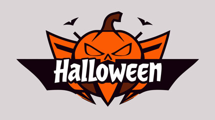 A stylized Halloween logo featuring a carved pumpkin, bats, and text on a badge.