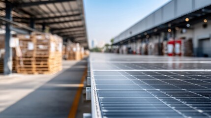 Naklejka premium Medium shot of warehouse solar panels with blurred background highlighting ecofriendly energy use in storage facilities for sustainable operations.