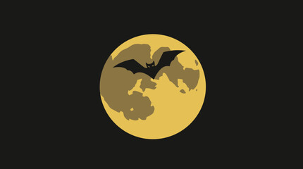 Silhouette of a bat flying in front of a full moon against a dark night sky.
