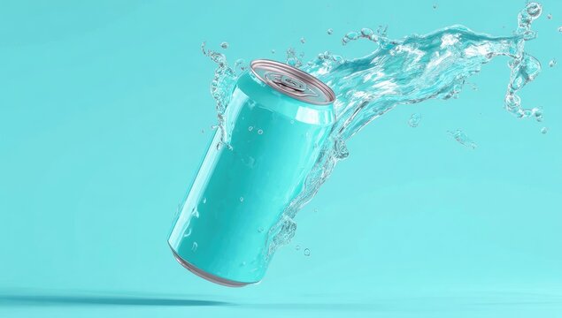 A turquoise soda can against a blue background with a water splash bursting behind it
