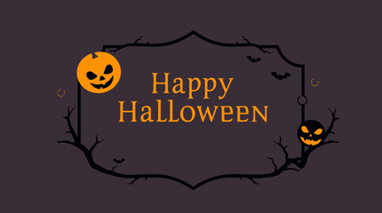 Halloween greeting card with a pumpkin, bats, and a spooky frame.