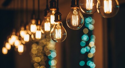 Illustration of closeup of vintage edison light bulbs hanging in a row with bokeh effect