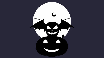 A black bat with glowing eyes perched on a smiling pumpkin against a full moon backdrop.