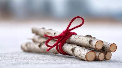 Nordic pagan winter holidays celebration featuring birch twig bundle with red string