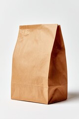 A brown paper lunch bag stands upright against a plain white background, slightly folded