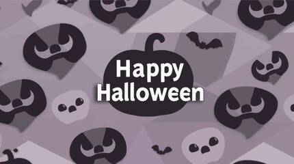 A festive Halloween design featuring pumpkins, bats, and skulls, with a celebratory message.