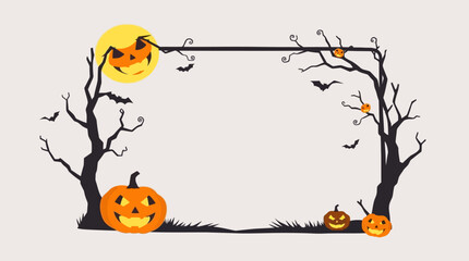 A Halloween-themed decorative frame featuring pumpkins, bats, and bare trees under a full moon.