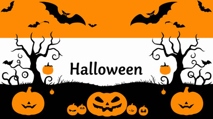 Halloween themed image with pumpkins, bats, trees, and the word "Halloween" in the center.