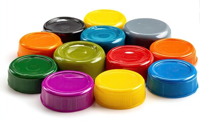 A close-up of colorful, round, plastic lids clustered together on a white background