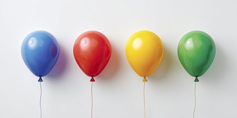 Four colorful balloons of blue, red, yellow, and green on white. Each has string tied