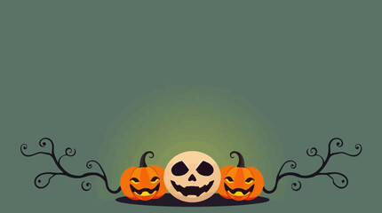 A festive Halloween scene featuring a skull and cheerful jack-o'-lanterns against a green backdrop.