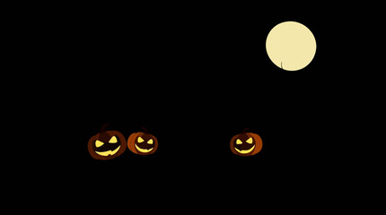 Three jack-o'-lanterns glow under a bright full moon in the dark night.